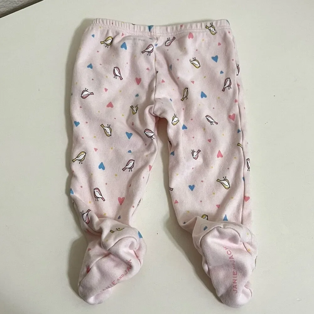 Janie and Jack Pink Bird Heart Kimono Top Footed Pants Set Baby Girl 3-6 Months
